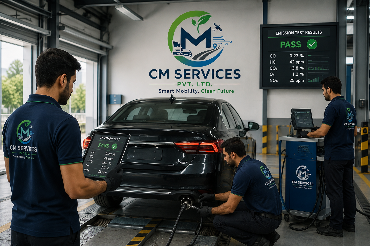 Vehicle emission inspection awareness standee beside an inspection vehicle